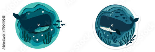 Set of two whale and fish underwater sea life scenes in a modern paper cut style design element for stickers or icons