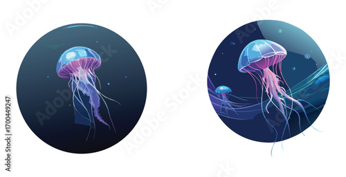 Ethereal jellyfish drifting gracefully in midwater vector art design illustration