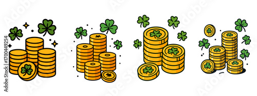 Set of St Patrick's Day icons with stacks of gold coins and lucky green shamrocks isolated on a white background