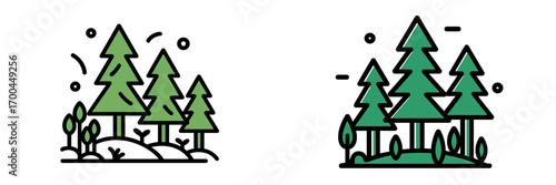 Set of two minimalist forest icons with pine trees and shrubs in a clean line art style isolated on a white background