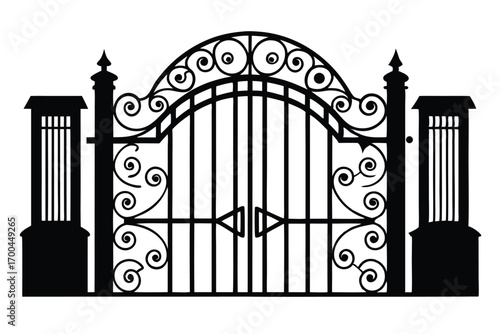 Black Wrought Iron Gate with Swirling Designs and Post Lamps Silhouette Illustration