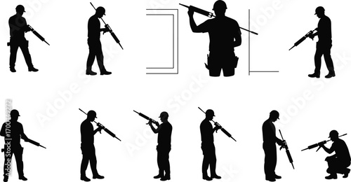 Construction worker using caulking gun, applying sealant, silhouette vector illustration, home improvement, repair tools, wall sealing, renovation work