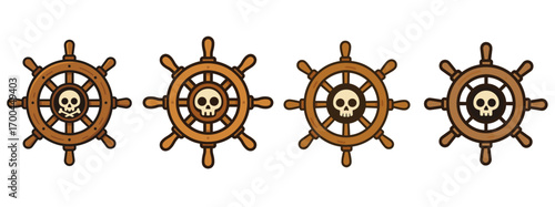 Pirate ship wheel with skull and crossbones icon set, wooden nautical helm symbol for maritime adventure and seafaring themes