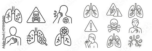 Set of line icons for respiratory diseases and health warnings including lung cancer, pneumonia, and poison symbols