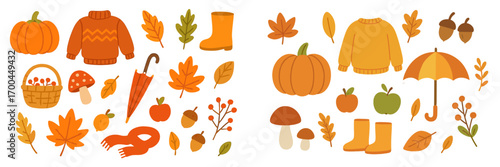Collection of cute autumn stickers and seasonal icons with cozy fall elements like pumpkins, sweaters, and leaves