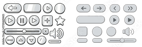 Silver media player button and icon set for user interface design with play, pause, and volume controls