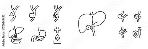 Oncology and gastroenterology line icon set showing cancer tumors in liver, stomach, and bile ducts with medical diagnosis and treatment symbols