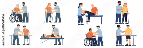 Physical therapy and rehabilitation set with diverse patients and doctors helping with recovery from injury and disability