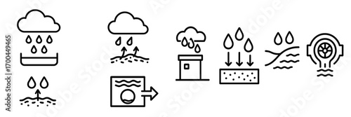 Water cycle and management icon set with symbols for precipitation, evaporation, filtration, and drainage systems