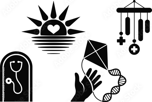 Symbolic illustrations depicting healthcare, love, nature, and medical progress with unique designs