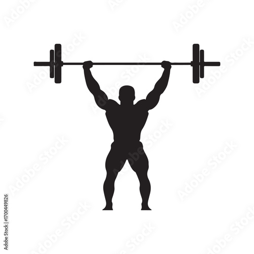 Black silhouette of a muscular man lifting a barbell overhead weightlifting