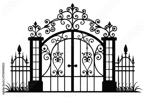 Ornate Wrought Iron Gate Silhouette with Swirls, Spears, Grass, and Decorative Details