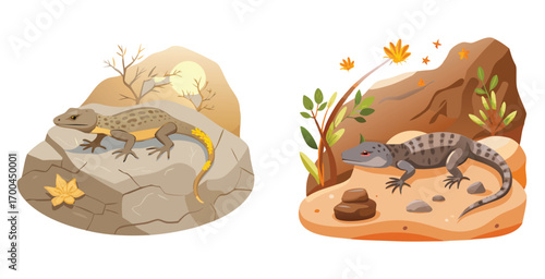 Lizard basking on a sunlit rock textured scales vector art design illustration