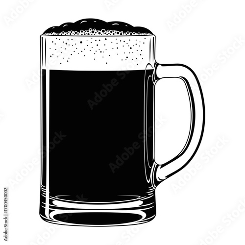 Dark beer mug with foam silhouette isolated on white background