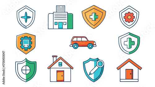 Insurance icons shield car house building vector