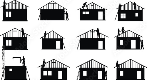 Construction workers building house roof, home structure installation, framing process silhouette, residential construction site activity, architecture development vector illustration