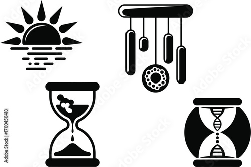 Black and white graphic icons representing time, science, and natural elements for design