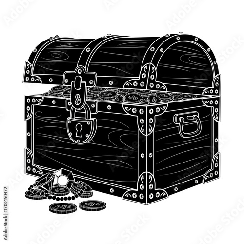Treasure chest full of coins and gems silhouette isolated on white background