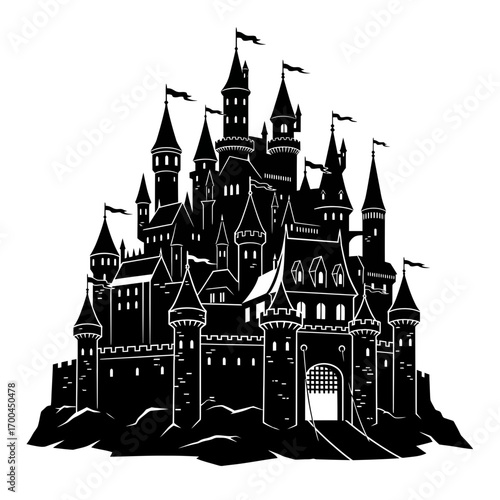 Fantasy castle silhouette isolated on white background