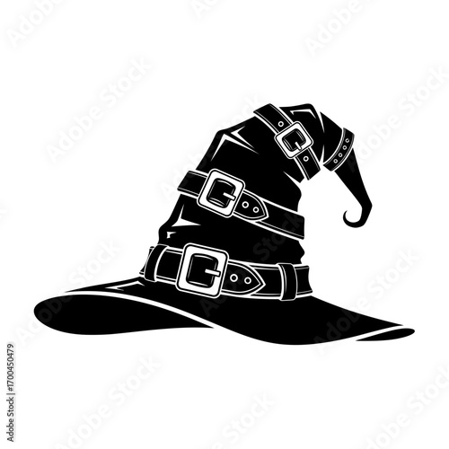 Black witch hat with buckles silhouette isolated on white background
