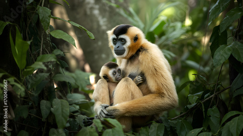 Mother Gibbon Holding Baby in Lush Forest