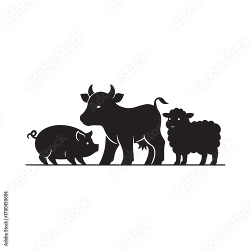 Black silhouette of a pig cow and sheep standing in a row on a white background farm animals livestock