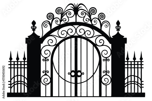Ornate Black Iron Gate Silhouette with Decorative Scrollwork and Fencing Illustration Graphic Design