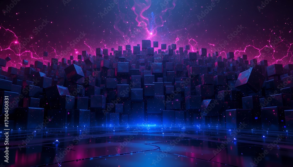 Fototapeta premium Futuristic digital cityscape composed of glowing cubes under electrifying purple skies with neon