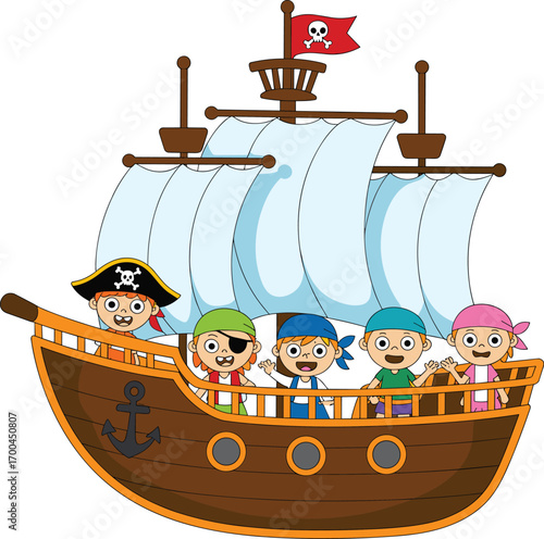 Cartoon pirate ship with happy kids dressed as pirates, sailing adventure illustration, fun children character design with sails and 