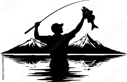 "Fisherman Celebrating Big Catch by Mountain Lake"