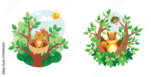 Squirrel nest nestled high in the branches of a tall tree vector art design illustration