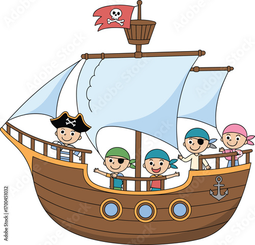 Cartoon pirate ship with kids crew, colorful sailing boat illustration, children playing pirates, fun sea adventure, vector drawing