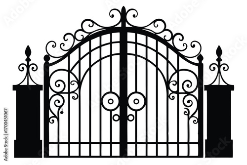Black Silhouette of Ornate Wrought Iron Gate with Scrolls and Picket Bars