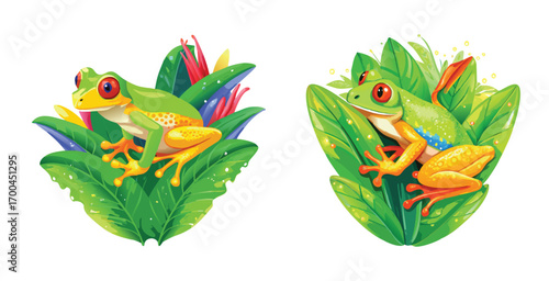Vibrant tree frog perched gracefully on a tropical vector art design illustration