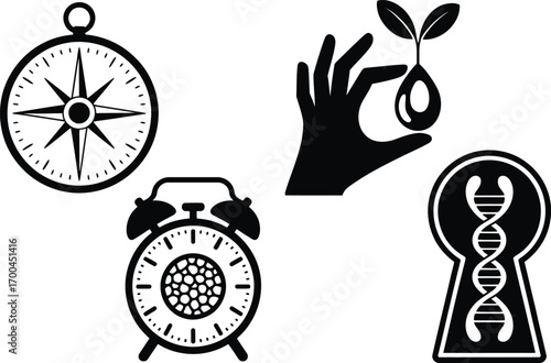 Unique graphic symbols for concepts like time, direction, life, and genetics for commercial use