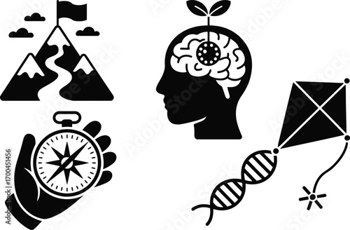 Achieve your goals with these inspiring icons: success, growth, direction, and innovation