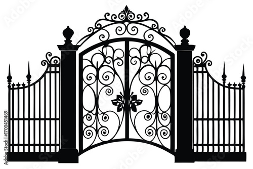 Ornate Wrought Iron Gate Silhouette Featuring Decorative Scrolls and Leaves Detail, Vintage Style