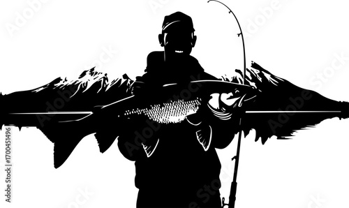 "Fisherman Celebrating Big Catch by Mountain Lake"