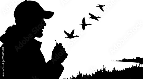 "Silhouette of Hunter Aiming Shotgun at Flying Birds"