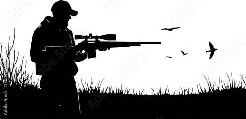 "Silhouette of Hunter Aiming Shotgun at Flying Birds"