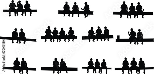 Construction workers sitting on steel beam, taking break, eating lunch, relaxing, silhouette style, teamwork, hard hats, high-rise job site