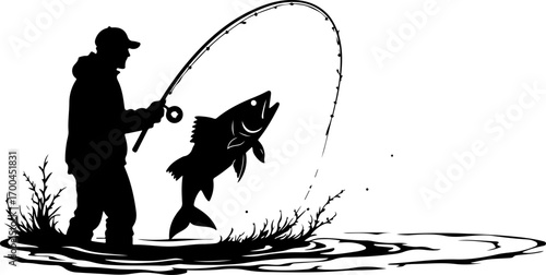 "Fisherman Celebrating Big Catch by Mountain Lake"