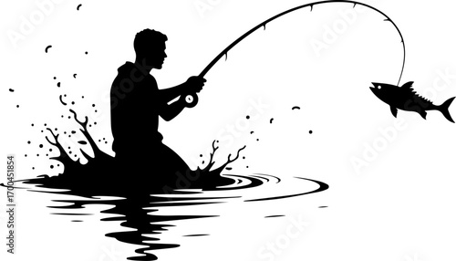 "Fisherman Celebrating Big Catch by Mountain Lake"