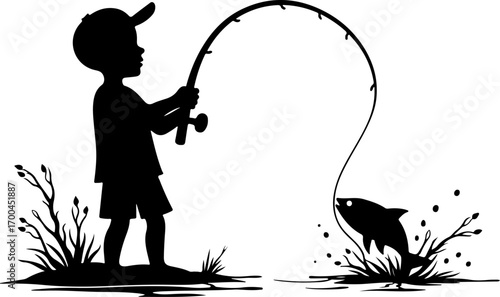 "Fisherman Celebrating Big Catch by Mountain Lake"
