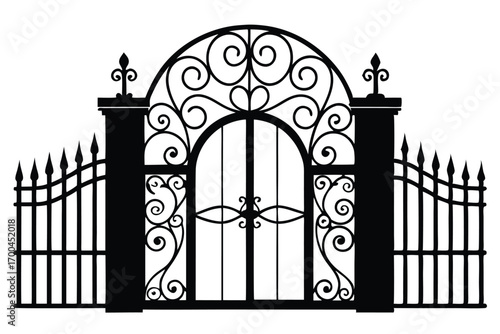 Silhouette of Ornate Wrought Iron Gate with Scrollwork and Picket Fence Details