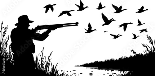 "Silhouette of Hunter Aiming Shotgun at Flying Birds"