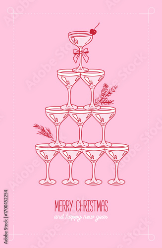 Vintage Christmas greeting card with champagne tower on pink background. Vector contour hand drawn line elegant illustration of cocktail glasses pyramid with cute bows and fir branches.