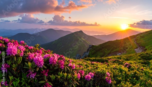 Lush mountain meadow ablaze with vibrant pink flowers at sunrise, showcasing a breathtaking vista of rolling hills and peaks.