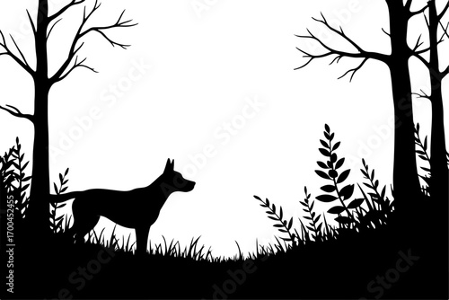 "Silhouette of Dog in Forest Clearing"