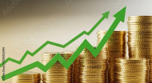 A green arrow with a green arrowhead pointing upwards on a stack of gold coins.